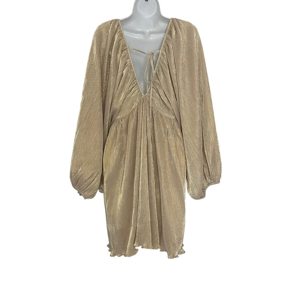 Mable Gold Plunge Neck Flowy Pleated Cocktail Dress Balloon Long Sleeve Mini L - Picture 3 of 13